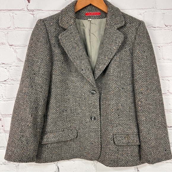 Vintage Halston women’s wool blazer jacket size 6 six grey tan office career - Picture 1 of 8